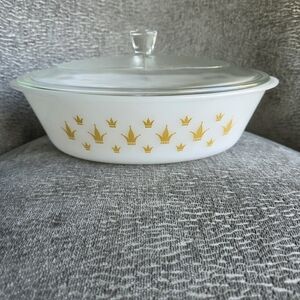 Rare Glassbake Casserole Dish with Lid White Milk Glass with Crowns Vintage!